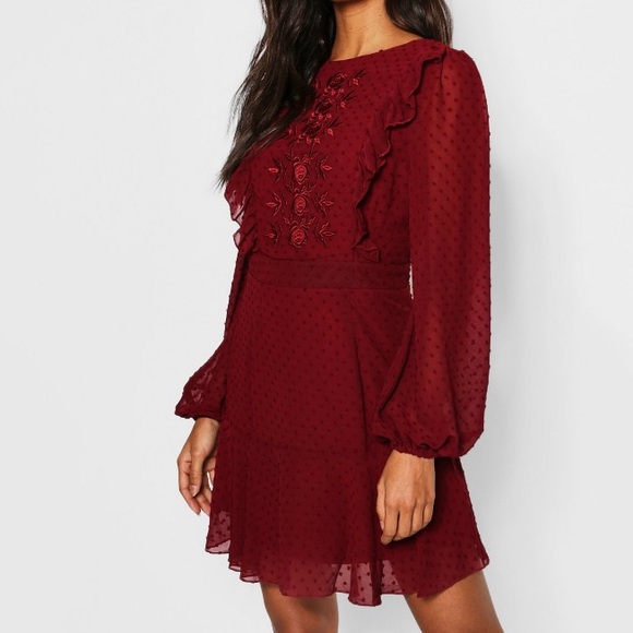 Burgundy billow Sleeve evening Dress - Picture 1 of 9